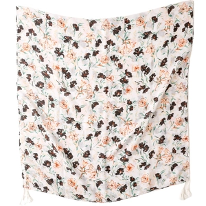 Écharpe rétro aux fleurs à l'encre, motifs orange et pompons blancs délicats
