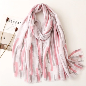 Pink and gray striped summer sun protection shawl scarf with fringe edges and soft print