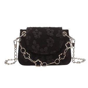 Black jacquard handbag with 3D floral textures and flower metal chain strap for women