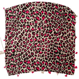Wild leopard print scarf in rose pink and black with soft fringe tassels on the edges