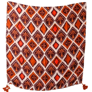 Sciarpa leggera effetto cotone-lino con motivi geometrici arancioni e nappe