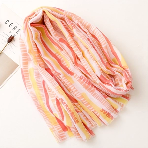 Detail of mint green summer scarf with abstract orange and yellow geometric prints