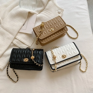 Quilted PU Leather Crossbody Bag For Women With Metal Chain Strap Gold Ball Detail Retro Fashion Small Square Purse
