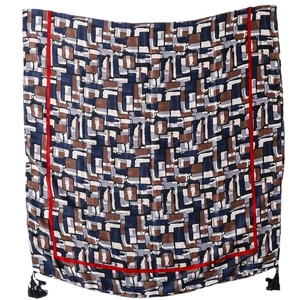 Soft long scarf with geometric patches and fringe detail for sun protection