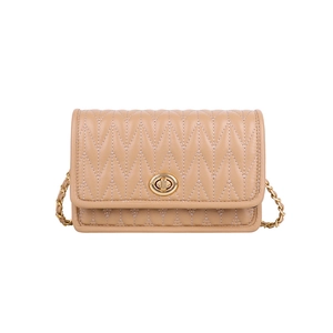 Elegant khaki quilted chain flap bag with V-pattern stitching and gold twist lock clasp