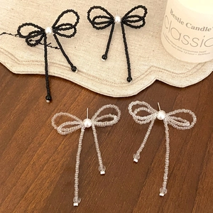 Beaded Bowknot Tassel Stud Earrings With Imitation Artificial Pearl And Copper Earring Post Handmade Elegant For Women