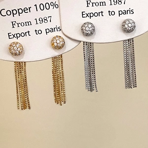 Boucles D'oreilles Puces À Franges En Cuivre Sphère Pavée De Zircon Chaîne Longue Style Vintage Occidental