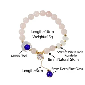 Pink natural stone beaded bracelet with shell moon and zircon pendant, 16cm length