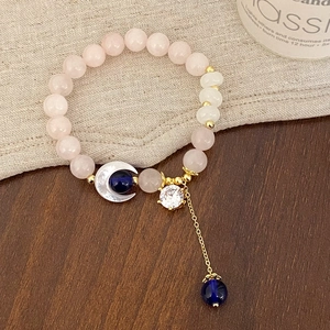 Pink Natural Stone Beaded Bracelet With Shell Moon Pendant And Cubic Zirconia Charm Gold Plated Jewelry For Women