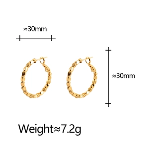 Detail showing 30mm golden textured hoop earrings with dimensions and weight data