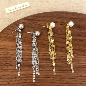 Long Tassel Dangle Earrings For Women Luxury Elegant Copper Faux Artificial Pearl With 925 Sterling Silver Earring Post Vintage Chic