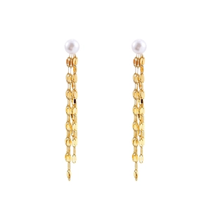Elegant long gold tassel earrings with white pearls, minimalist dangling style for women