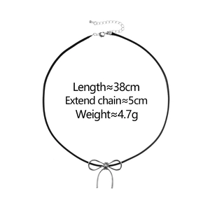 Detail of bow choker necklace featuring 38cm length and 5cm extension chain specifications