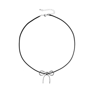 Minimalist silver bow pendant necklace with black cord and adjustable lobster clasp