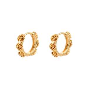Elegant gold rose flower hoop earrings featuring a vintage floral design and metallic finish