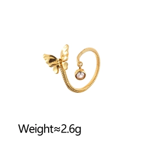 Golden butterfly open ring with snake chain texture and a dangling round zircon stone