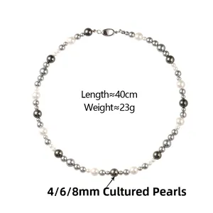 Three-tone gradient pearl necklace with lobster clasp, featuring 4mm 6mm and 8mm pearls