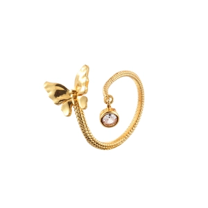 Elegant gold butterfly open ring with sparkling zircon stone and snake chain texture