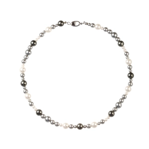 Elegant multi-color pearl necklace with white and grey pearls and silver clasp