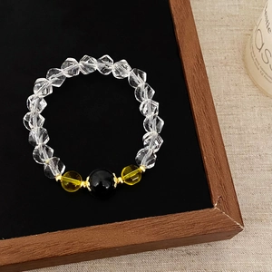 Minimalist Faceted White Crystal Citrine Beaded Bracelet With Black Onyx Gold Plated Alloy Spacers For Women Jewelry