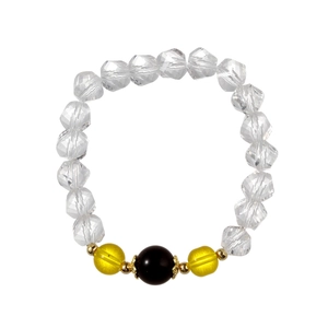Minimalist beaded bracelet with faceted crystals, black onyx, and gold metal accents