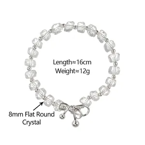 Elegant 8mm oblate white crystal beaded bracelet with a silver bow pendant for women