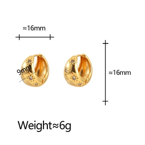 Detail view of 16mm gold chunky hoop earrings with starburst zircon and dimensions