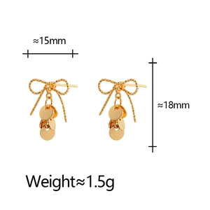 Detailed size view of gold sequin bow earrings measuring 15mm by 18mm weighing 1.5g