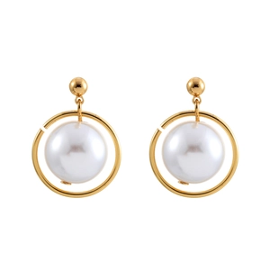 Elegant gold drop earrings featuring round pearls in circular frames on a white background