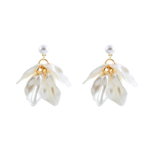 Elegant white petal drop earrings with pearls and gold accents on a clean white background