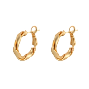 Minimalist matte gold twisted rope hoop earrings with S925 silver needle on white background