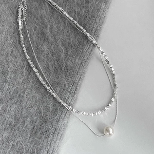 Minimalist Double Layer Necklace Copper Silver Plated Crushed Metal Chain Synthetic Artificial Pearl Pendant Clavicle Chain Women