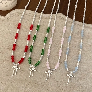 Sweet Bow Pendant Beaded Necklace Copper Silver Plated Colorful Resin Stone Adjustable Clavicle Chain Women Jewelry