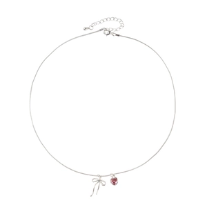Elegant silver bow and pink heart crystal pendant necklace with adjustable chain link