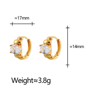 Detail shot of gold hoop earrings with zircon, showing 17mm width and 14mm height dimensions