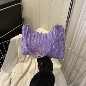 Fashionable purple pleated corduroy underarm tote bag with sleek gold hardware accents