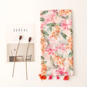 Floral print cotton linen scarf with tassels and red vintage pattern for women