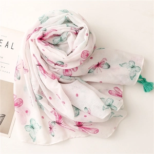 Sciarpa da donna effetto lino con stampa a farfalla rosa e nappe verde acqua