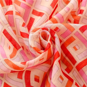 Macro detail of geometric print sun protection shawl with soft fabric textures
