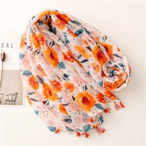 Lightweight sunflower print cotton linen shawl with colorful fringe tassels for summer