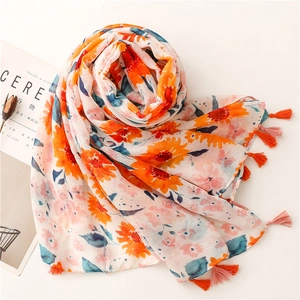 Floral print cotton linen shawl with sunflower patterns and colorful tassel edges