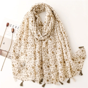 Sciarpa morbida in cotone e lino con fiori, nappe e design stile retrò vintage