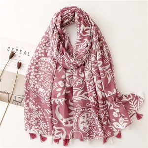 Linen cotton paisley scarf in vintage red with tassels and a floral print pattern