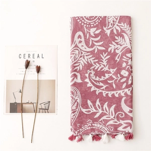 Linen texture pink paisley scarf with fringe tassels and boho bohemian floral pattern