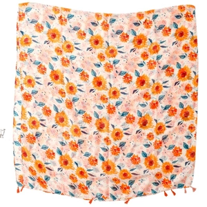 Floral cotton linen shawl with orange sunflower print and fringe details for sun protection