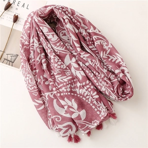 Floral cotton linen scarf in dusty pink with tassels and bohemian plant patterns