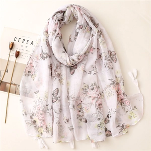 Women Fashion Scarf Butterfly Floral Print Polyester Voile Lightweight Sun Protection Shawl With Sequins And White Tassels
