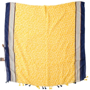 Écharpe jaune toucher coton et lin avec motifs feuilles de vigne et glands géométriques