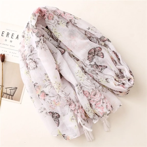 Elegant white floral scarf with pink butterfly prints and stylish fringe tassels for women