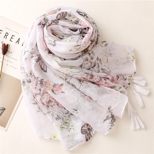 Lightweight white scarf with pink rose floral butterfly prints and tassel edges